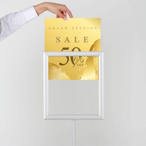 Floor-Sign-Stand-Holder-With-Telescoping-Pole-Silver-Double-Sided-Slide-In-Frame-11x17