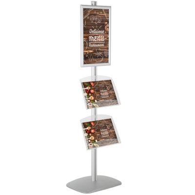 free-standing-stand-in-silver-color-with-1-x-11X17-frame-in-portrait-and-landscape-and-2-x-8.5x11-clear-shelf-in-acrylic-single-sided-4