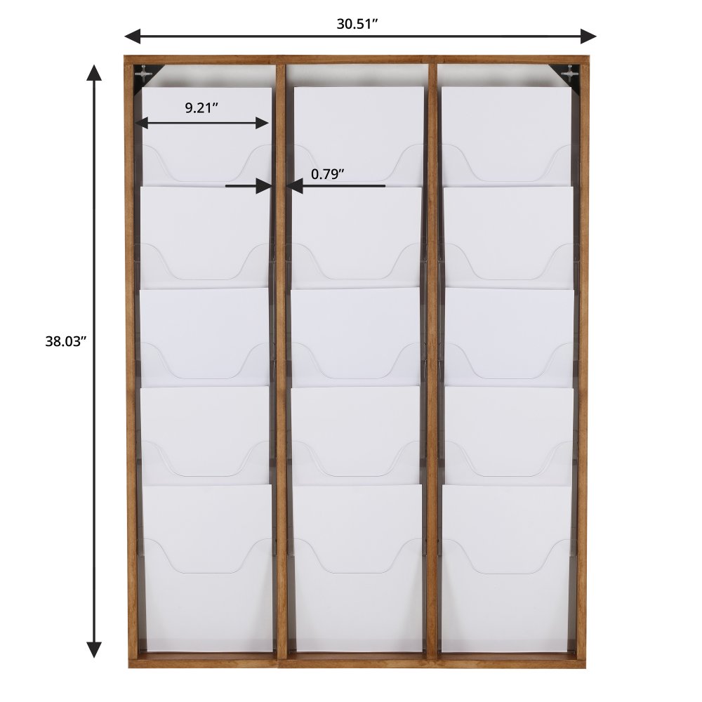 15xA4 Wood magazine rack for wall, 3X5 8.5×11 capacity, dark wood