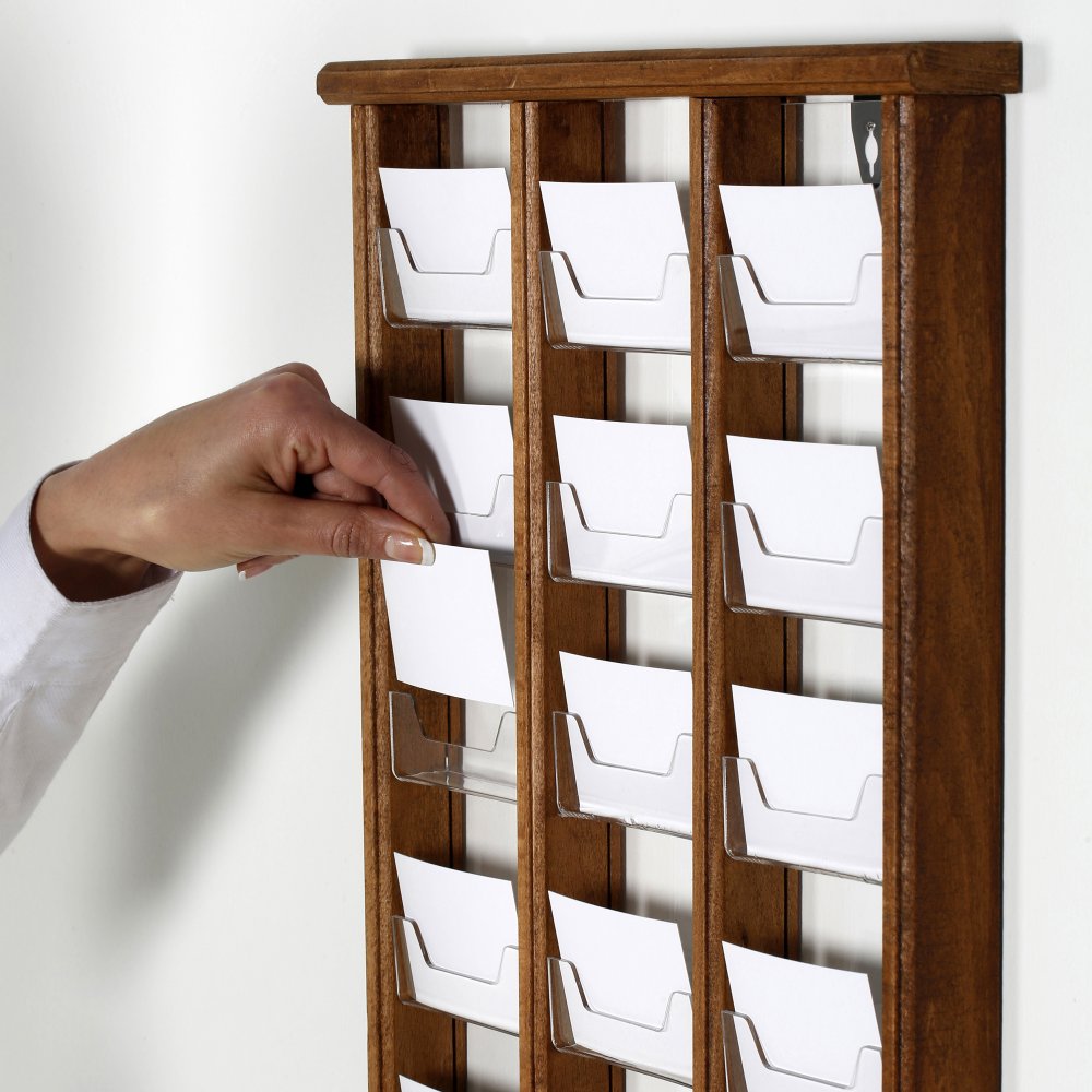 3×5 Wall Mount Wooden Card Holder, 5Tiered, 15 pockets, dark wood