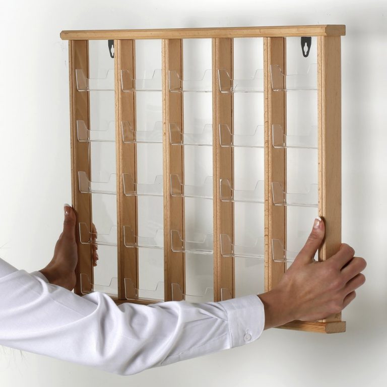 Wall Mount Wooden Card Holder, 5Tiered, 25 acrylic pockets, natural