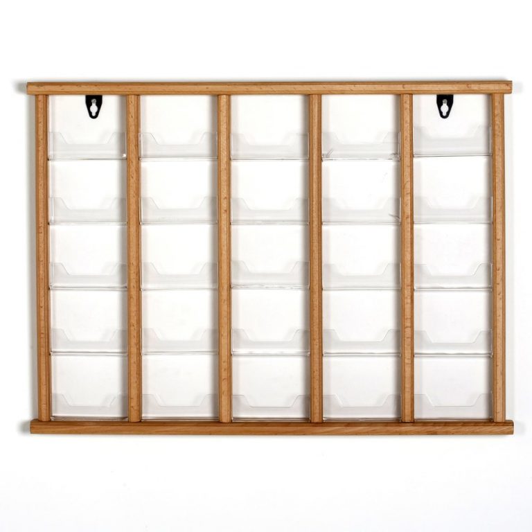 Wall Mount Wooden Card Holder, 5Tiered, 25 acrylic pockets, natural
