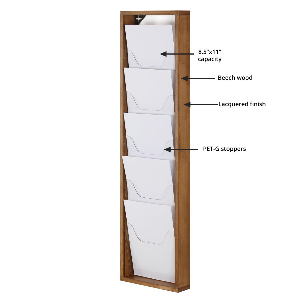 5xA4 Wood magazine rack for wall, 1X5 8.5×11 capacity, dark wood