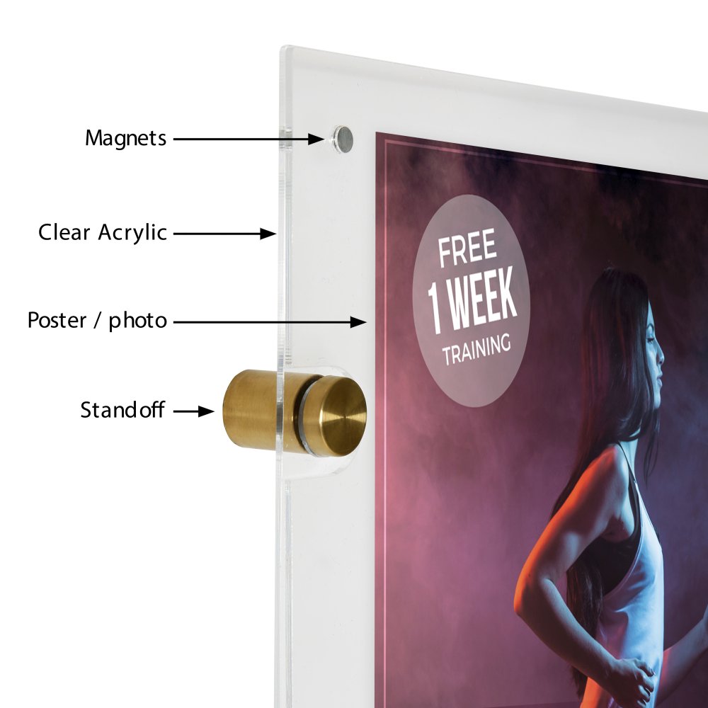 8.5×11 Wall Mount Clear Acrylic Sign Holder & Frame Brushed Gold