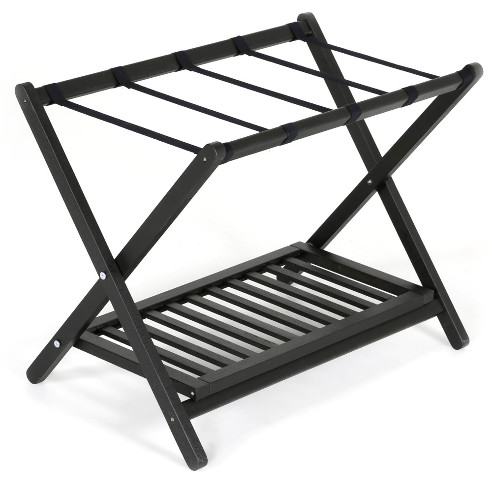 Beech Wood Folding Luggage Rack with Woolen Strips and Shelf (Black, 18x30)