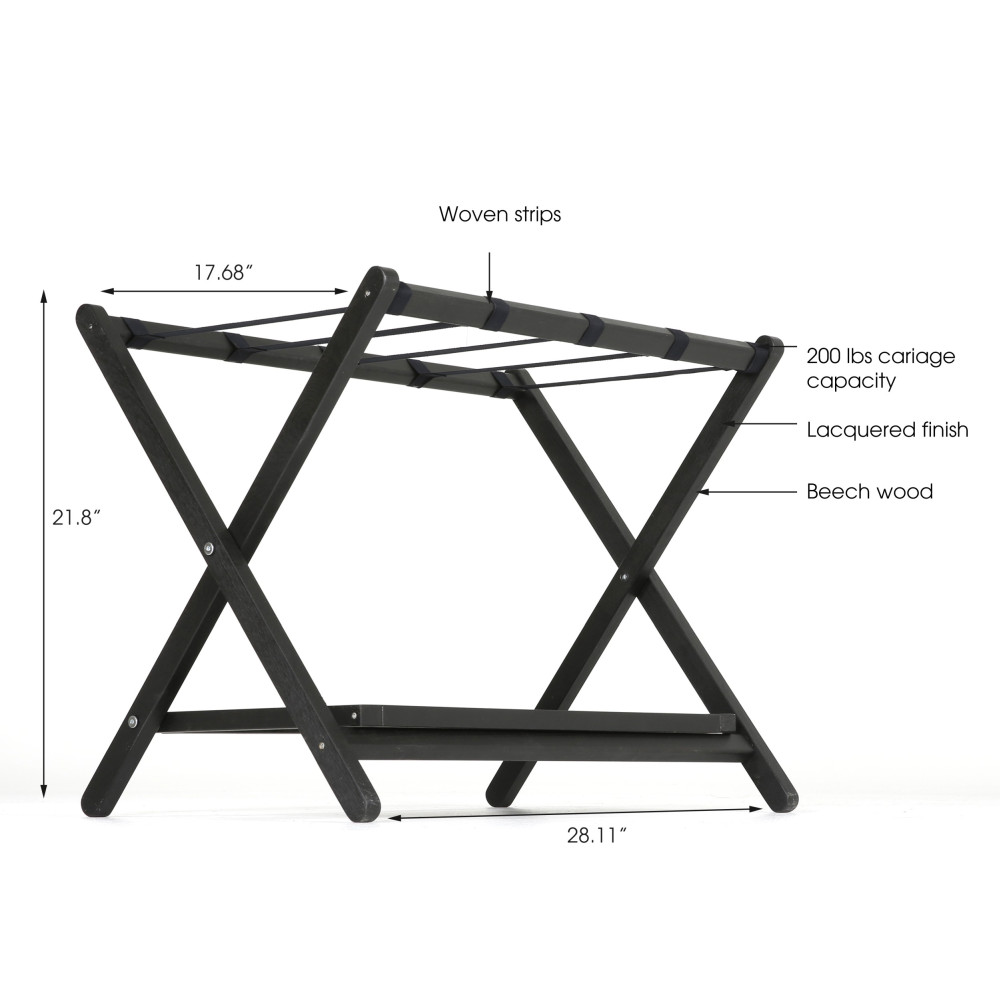 Beech Wood Folding Luggage Rack with Woolen Strips and Shelf Black 18x30