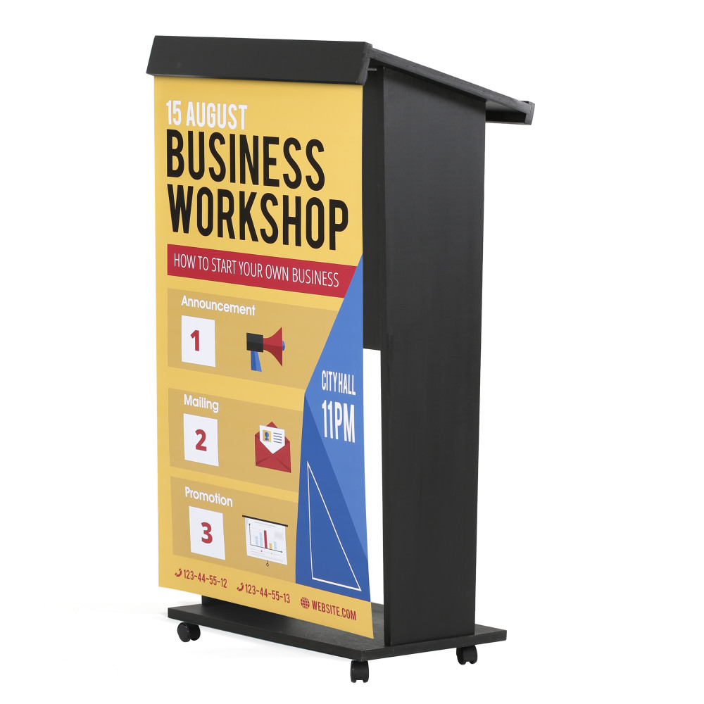 Lectern with Poster Fast Shelf M&T Displays Plywood Stand up Dark Wood Beech Floor-Standing Podium 45 inch Height Microphone Slot and 4 Locking Caster Wheels 