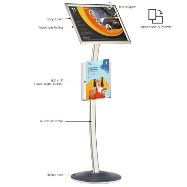 Silver 11×17 Inch Pedestal Sign Holder with Clear Brochure Holder Menu