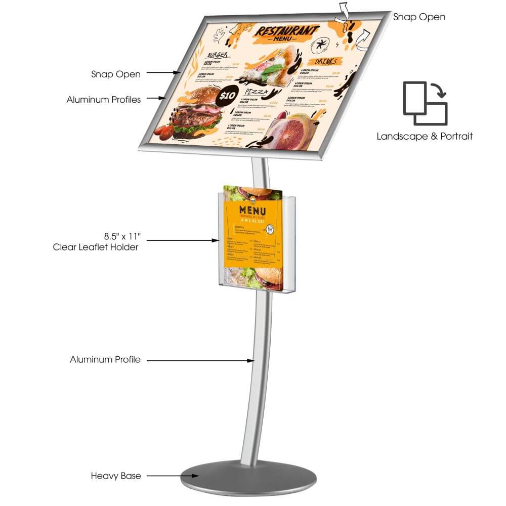 Silver 18×24 Inch Pedestal Sign Holder with Clear Brochure Holder Menu  Board Floor Standing – Displays Outlet – Online Display Signs Retailer
