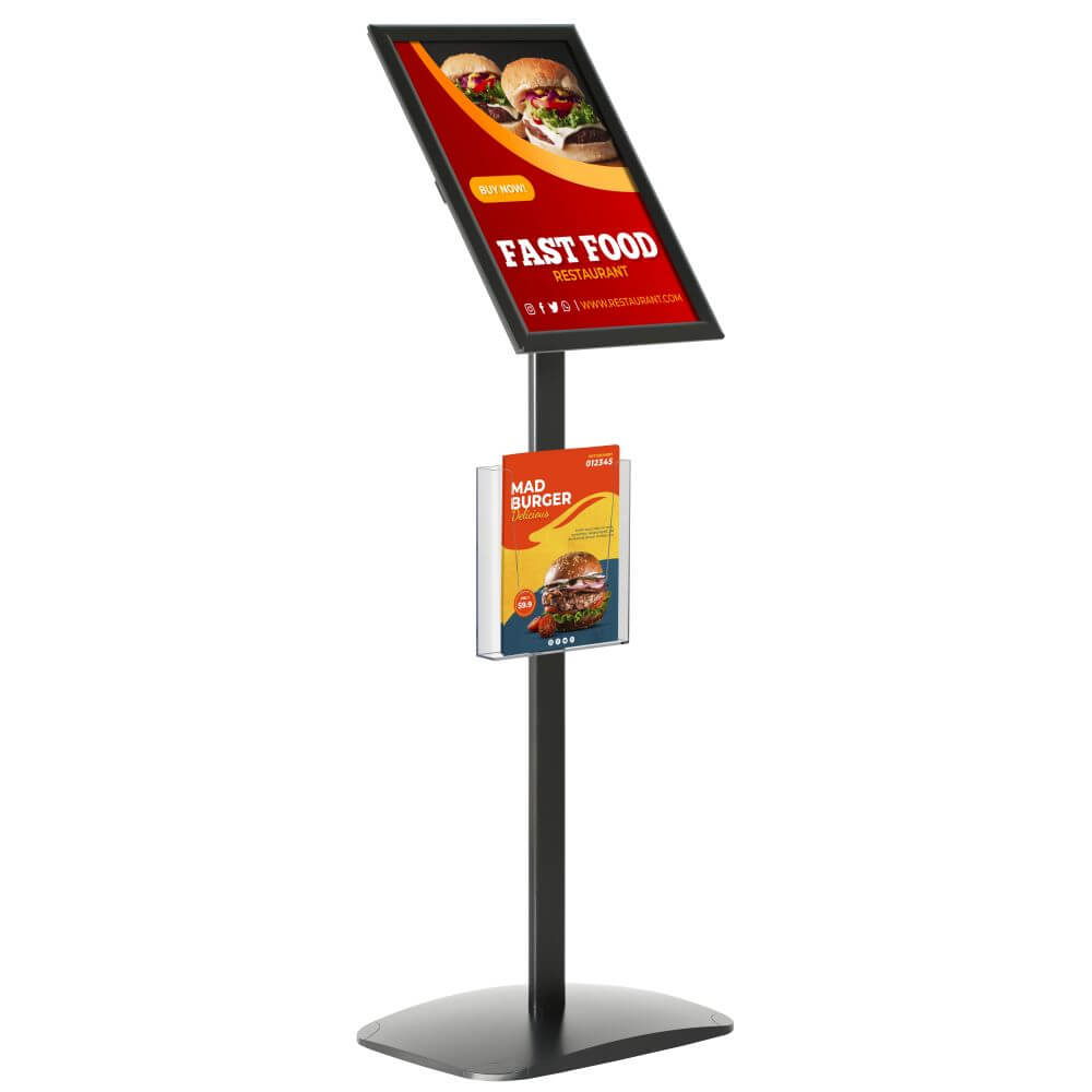 Pedestal Sign Holder with Clear Brochure Holder Black 11×17 Inch Floor