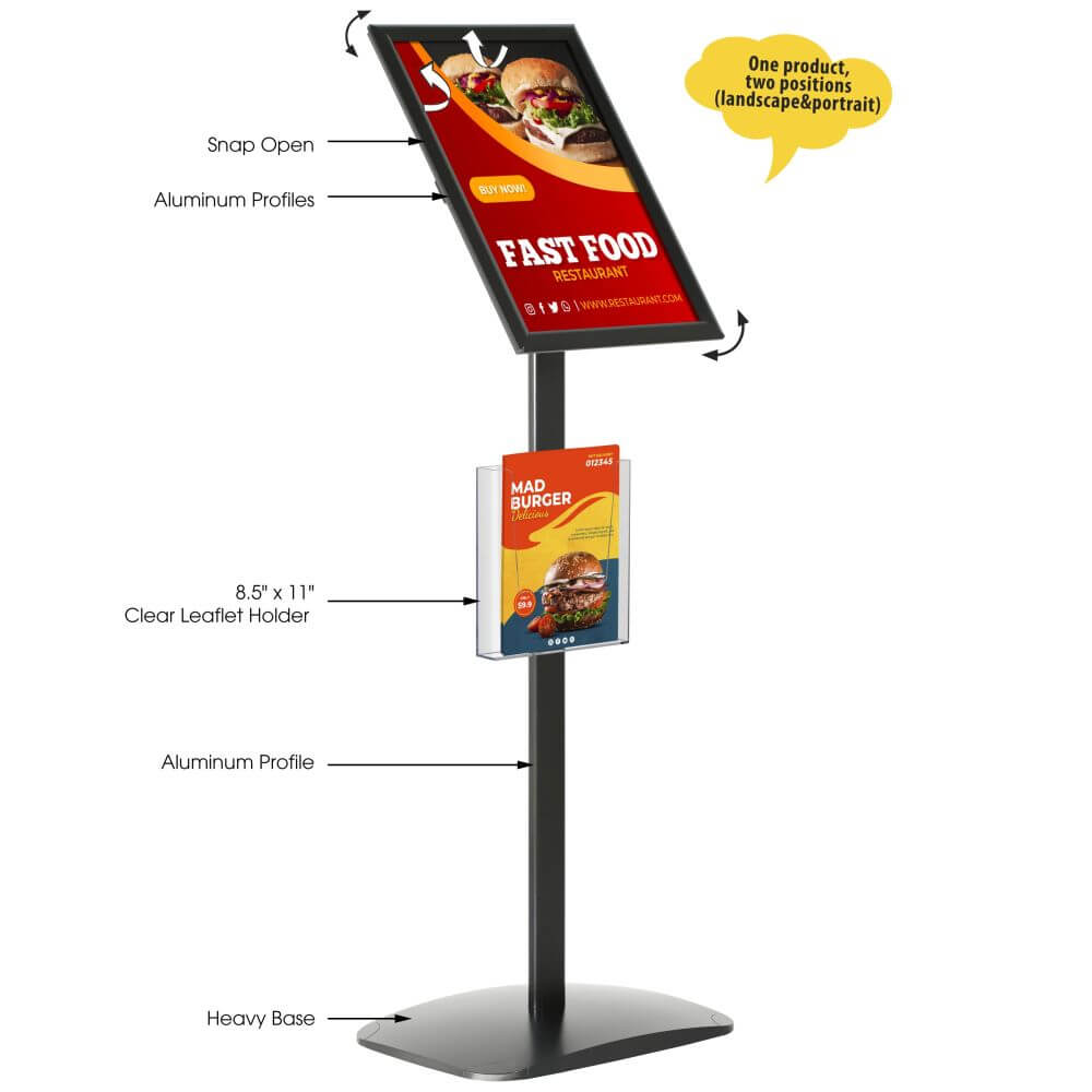 Pedestal Sign Holder with Clear Brochure Holder Black 11×17 Inch Floor  Standing – Displays Outlet – Online Display Signs Retailer