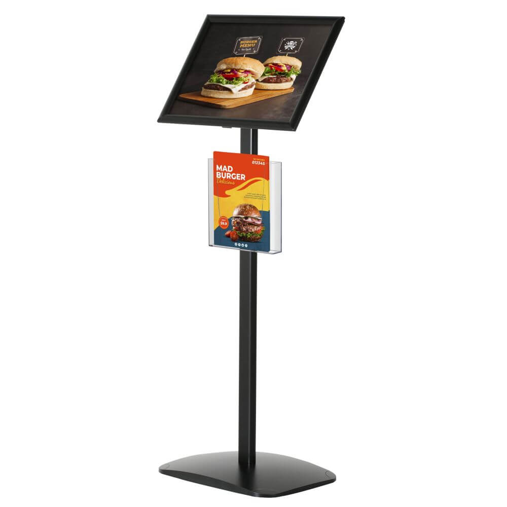 Pedestal Sign Holder with Clear Brochure Holder Black 11×17 Inch Floor