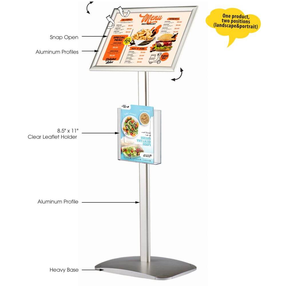 Pedestal Sign Holder with Clear Brochure Holder Silver 11×17 Inch Floor  Standing – Displays Outlet – Online Display Signs Retailer
