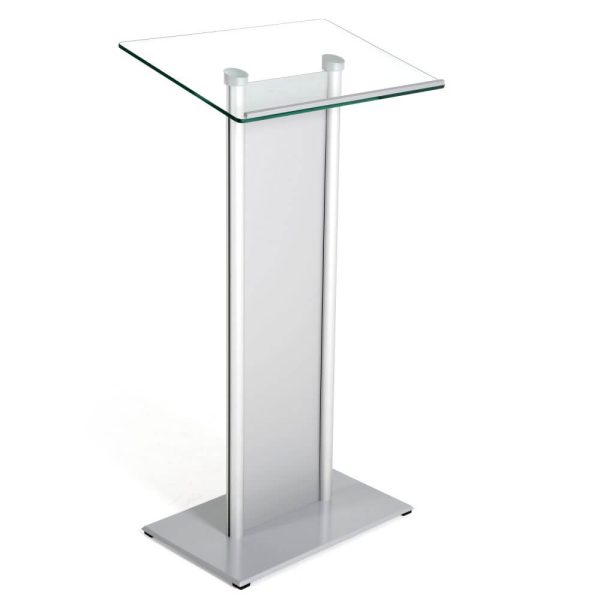 Tempered Clear Glass Podium with Aluminum Front Panel Silver Lectern